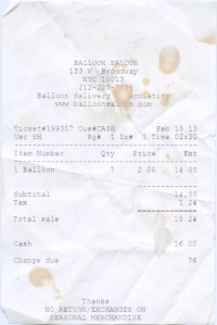 Balloon receipt complete with character building rotisserie chicken stains.