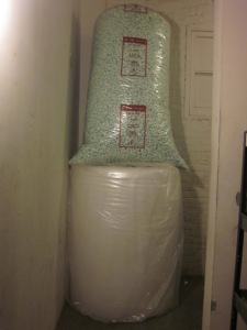 Bubble wrap and packing pellets in the hallway at The Grind.