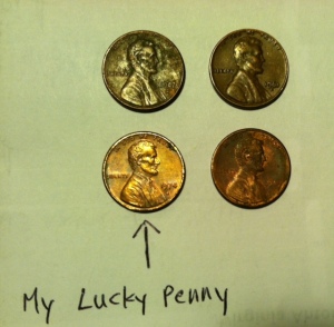 My Lucky Penny with three wannabe pennies.