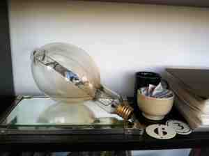 Elspeth's holy honking light bulb next to cup of headache pain reliever.